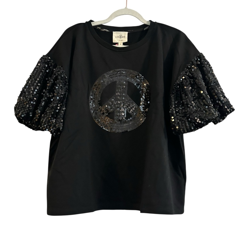 Umgee Black Oversized T-Shirt with Sequin Puff Sleeves & Peace Sign Graphic Sz M